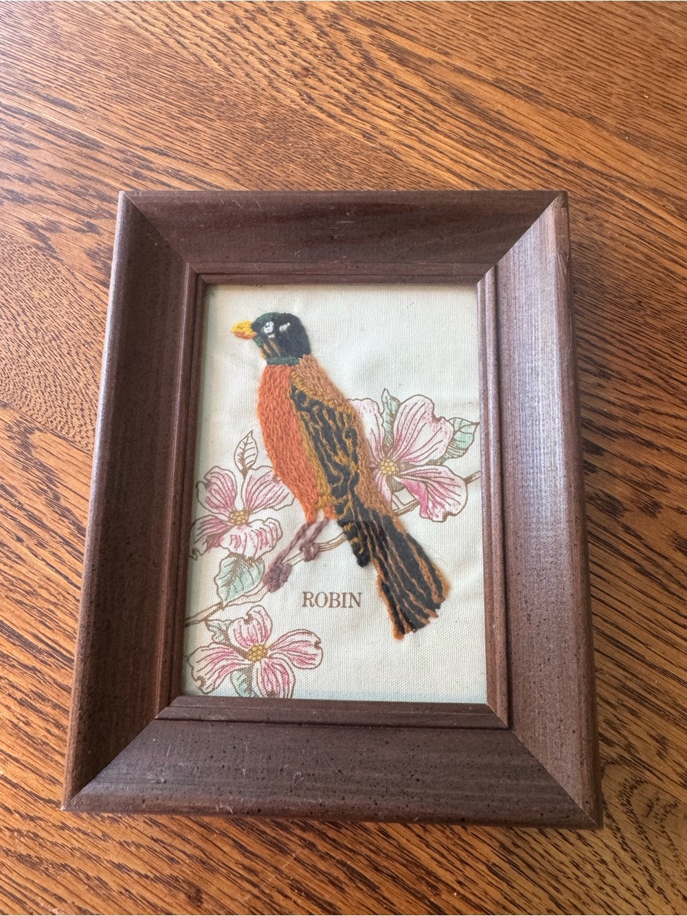 Vintage Crewel Hand-Embroidered Robin Wall Art in wood frame